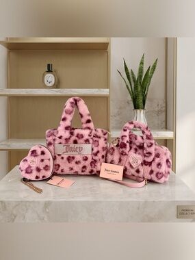 Juicy Couture Warm Up Pink Leopard Barrel Bag, Tote & Heart Shaped Wallet NEW